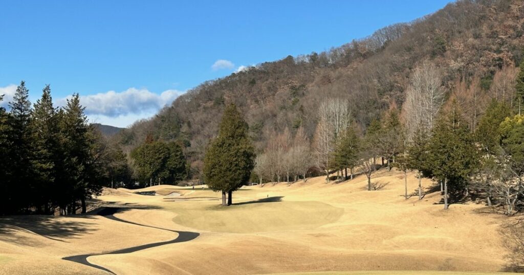 冬枯れの木々に囲まれた山間のゴルフコース