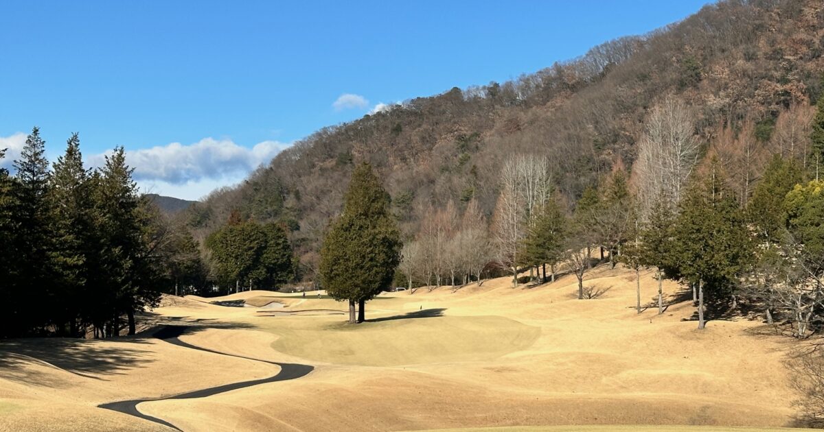 冬枯れの木々に囲まれた山間のゴルフコース