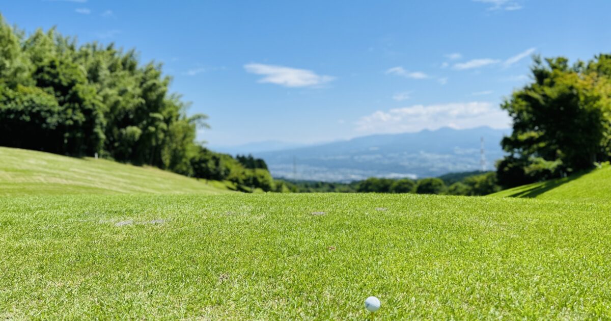 芝生に置かれたゴルフボールと遠くの山並み