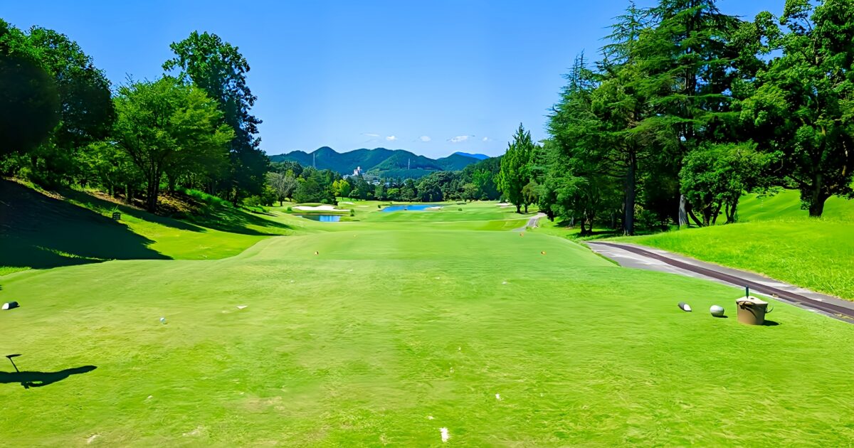 緑豊かで池のある美しいゴルフコースのティーグラウンド
